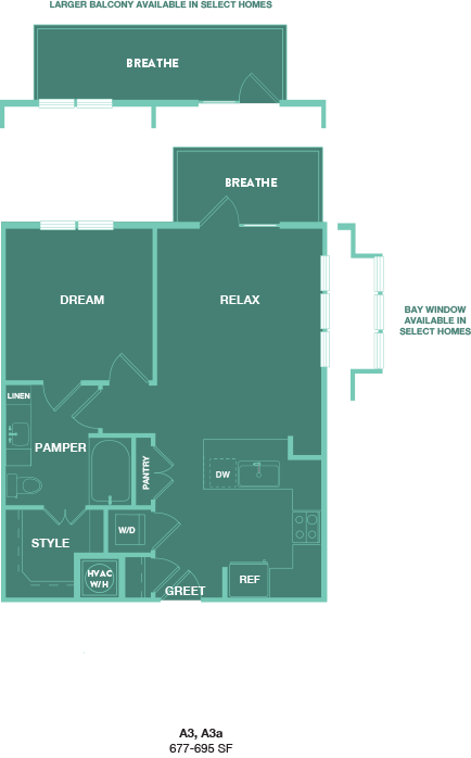 Floor plan for 1 bed, 1 bath, 695 sqft